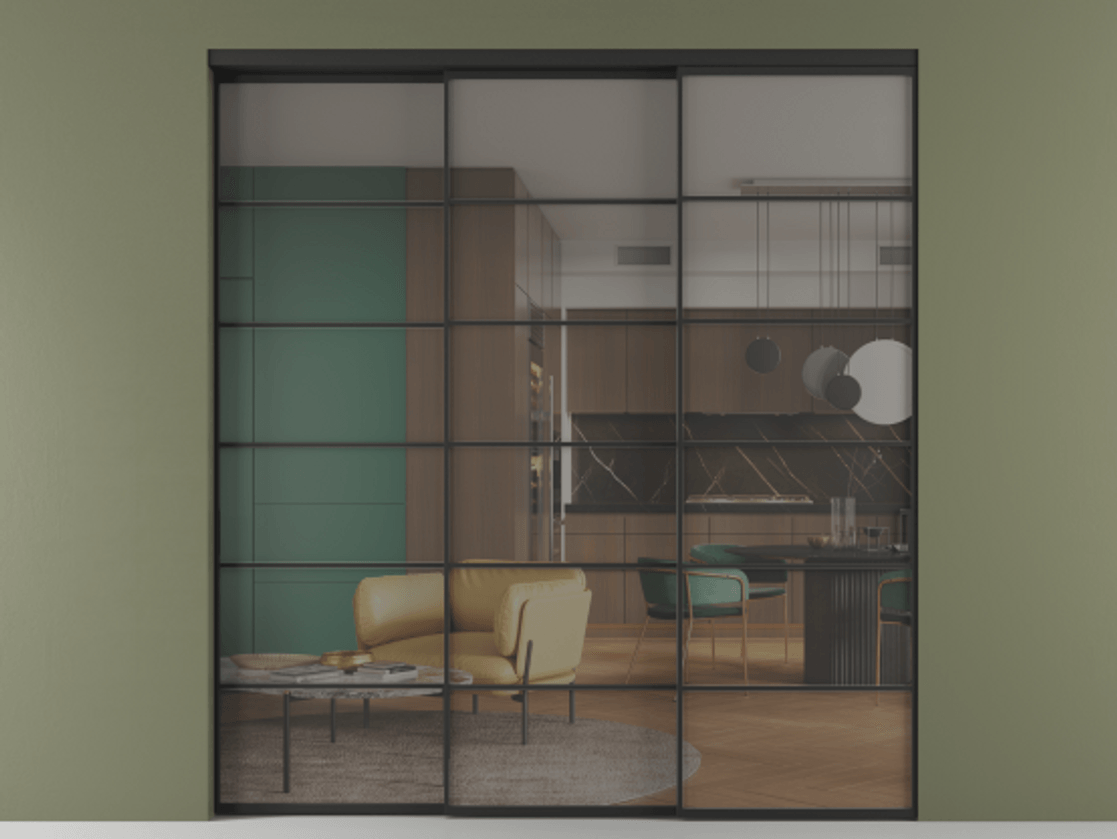 Перегородка Формато внутри проёма 3 створки с синхронным механизмом АЛПР 040.04 Алюминий Черный Прозрачное серое стекло, триплекс. Скрытый короб ЧЕР Цена 363680 ₽ 1. Полотно 3 шт. (800/2100 мм)
2. Комплект установки раздвижной системы
3. Базовый комплект фурнитуры
4. Комплект фурнитуры телескопик синхро-2
5.Ручка Рондо. Фабрика дверей Волховец 8 (800) 551 43 19 Перегородка Формато внутри проёма 3 створки с синхронным механизмом АЛПР 040.04 Алюминий Черный Прозрачное серое стекло, триплекс Цена 363680 ₽ | Volhovec