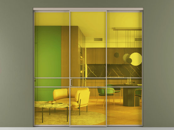 Алюминевая перегородка АЛПР 040.02_АБСК_ПРОЗ ЖЕЛ_new. Цвет Алюминий бисквитный. Материал Алюминий в эмали. Коллекция Перегородка Formato внутри проёма 3 створки. Картинка.